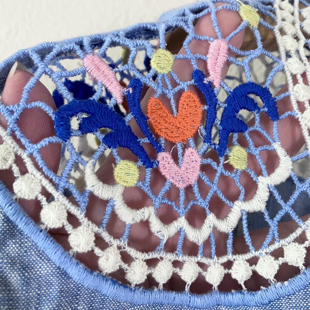 BODEN Linen Dress 10R Embroidered Crochet Lace Boho Shift Blue Summer Floral - Picture 5 of 10